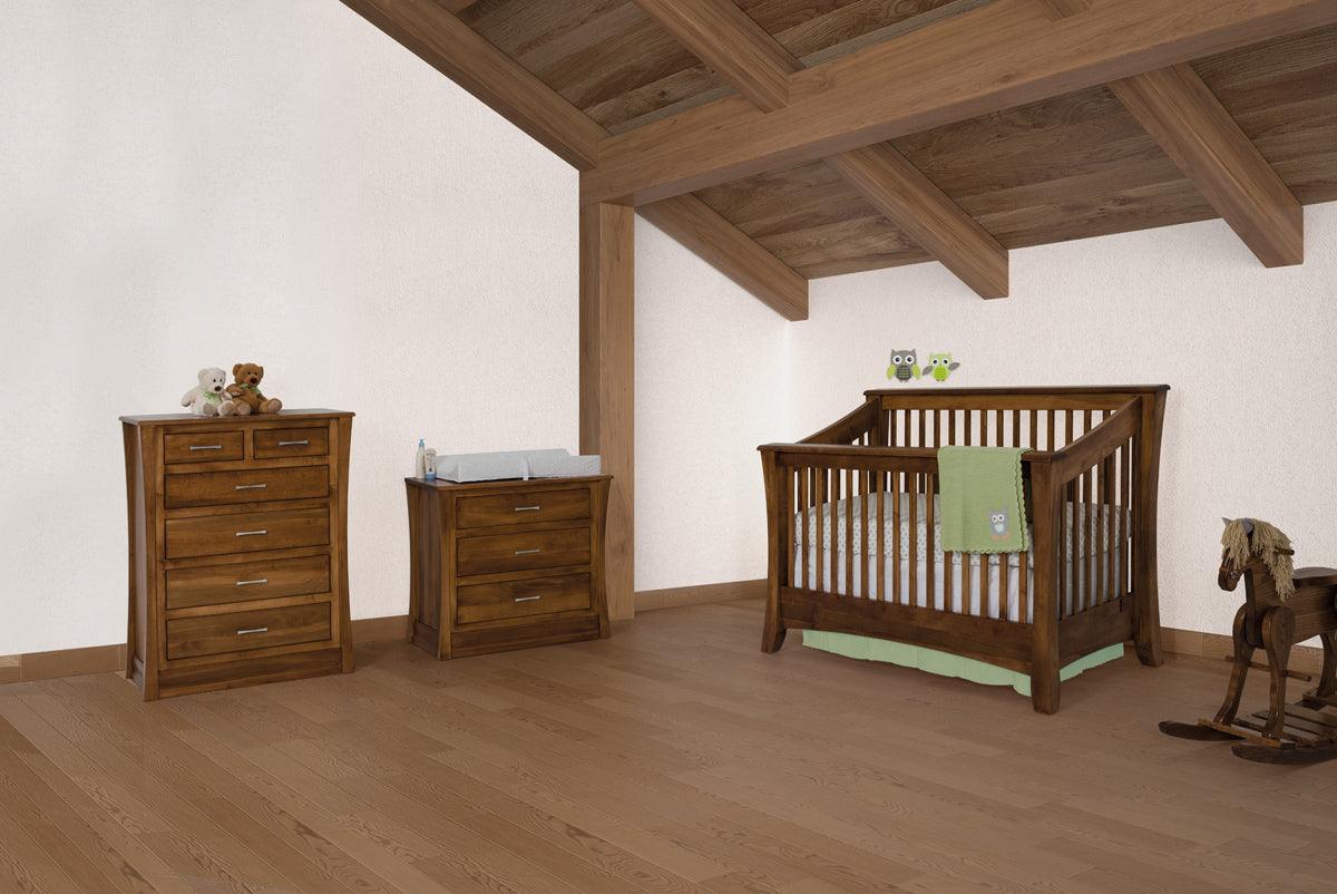 Carlisle convertible wooden crib and matching dressers in a rustic nursery.