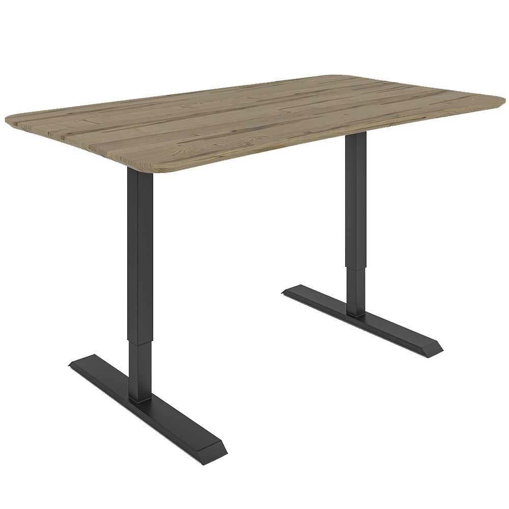 Adjustable standing desk with a natural wood top and black metal legs.