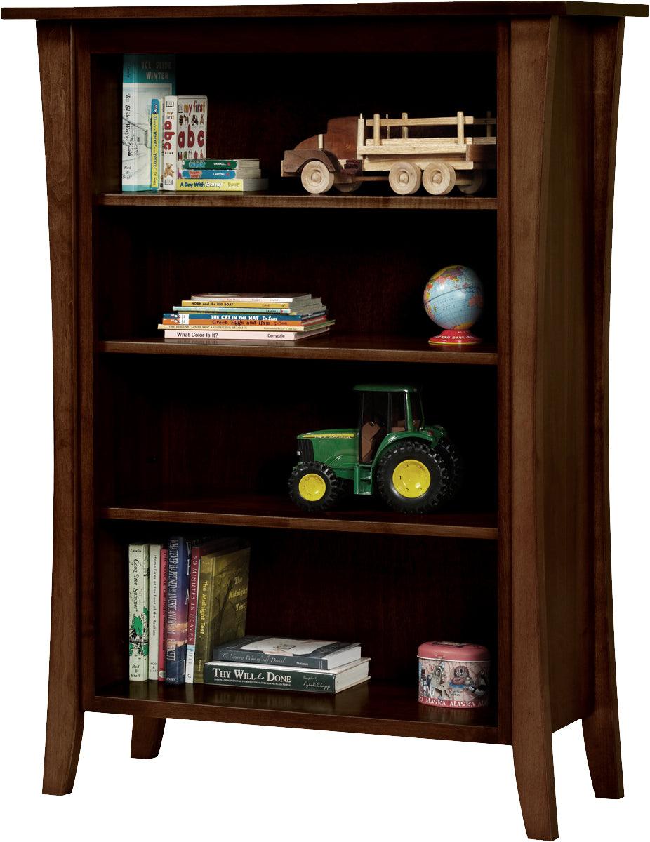 Manhattan dark wood nursery bookcase with four shelves holding books and toys.