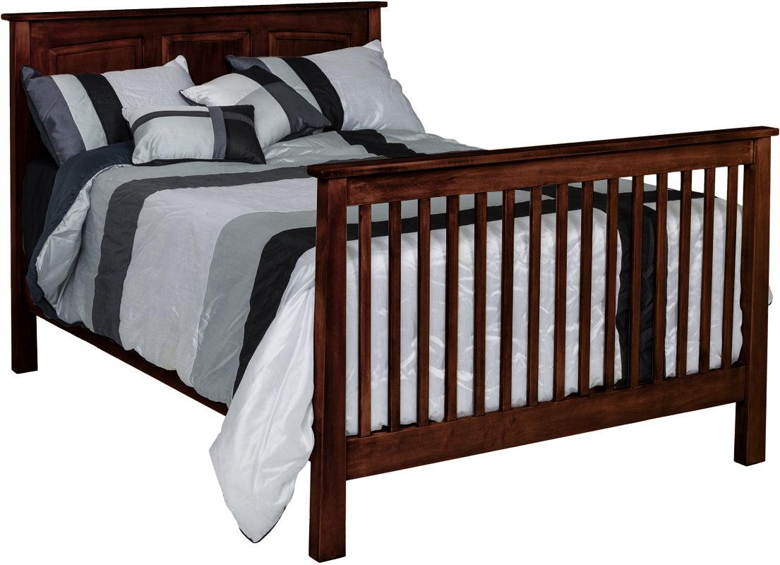 Shaker convertible crib in solid maple wood, converted into a full-size bed with a dark brown finish.