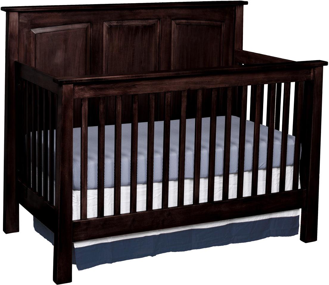 Dark brown solid maple Shaker convertible crib with a high paneled back and striped mattress.