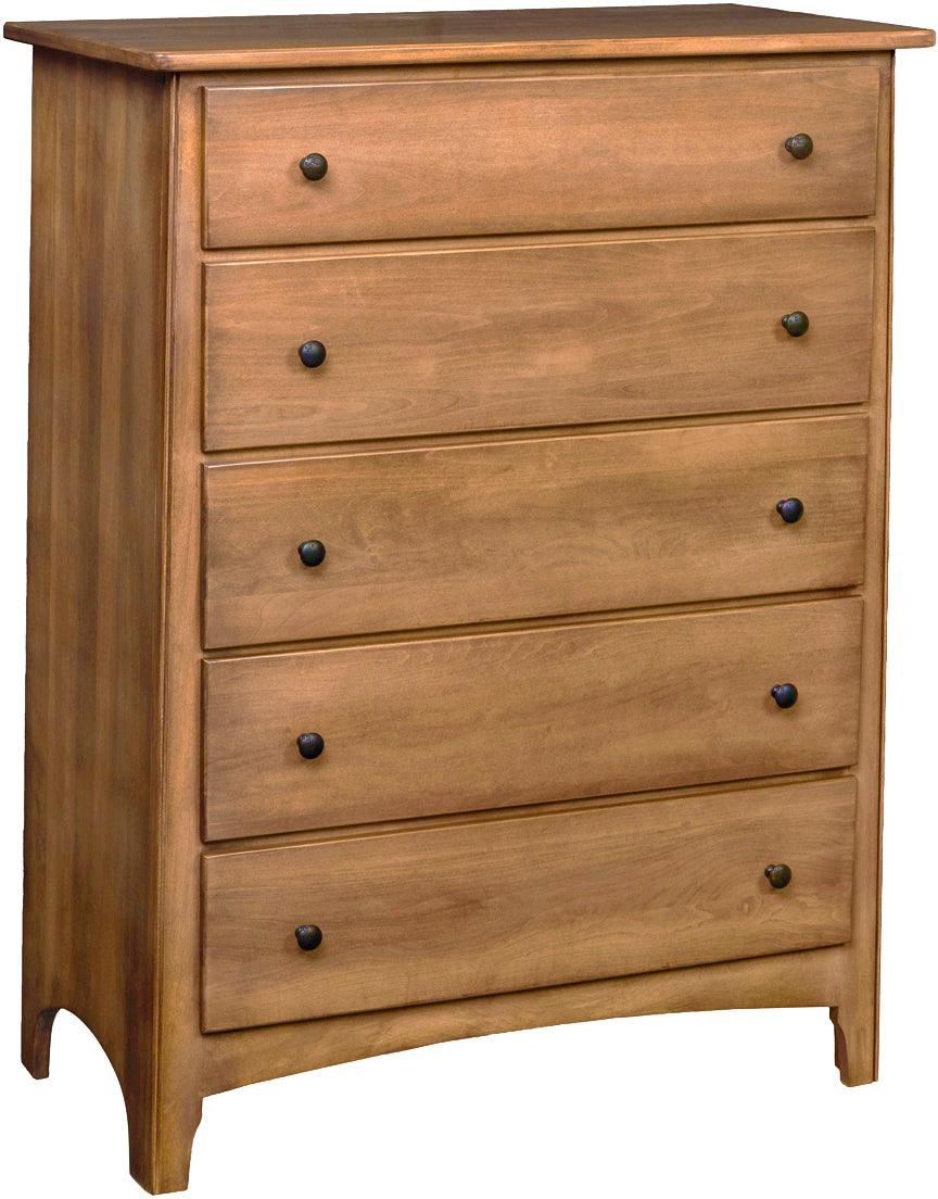 Shaker nursery chest in natural solid hardwood with five drawers and dark metal knobs.