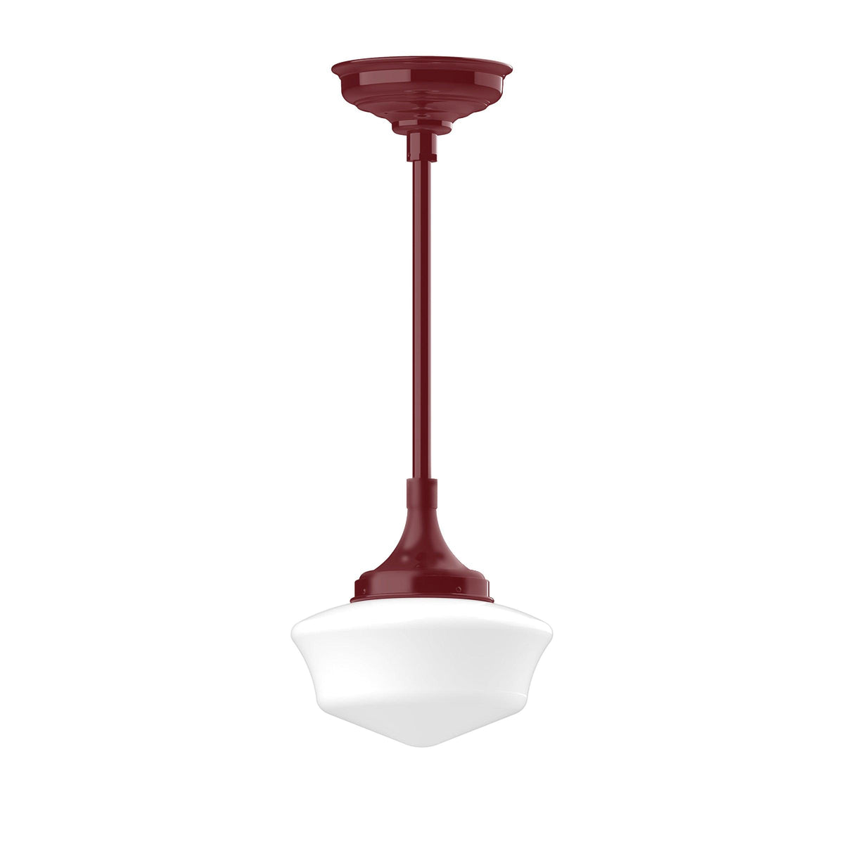 Schoolhouse stem hung pendant light with a maroon red fixture and white glass shade.
