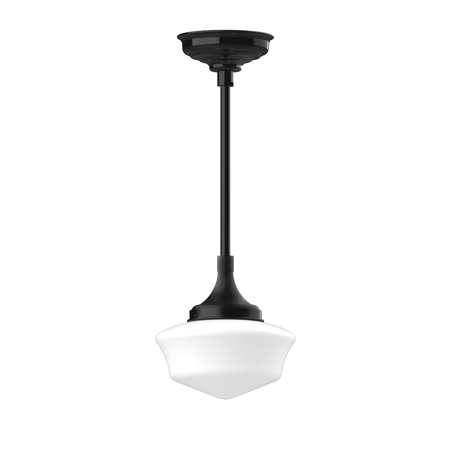 Schoolhouse stem hung pendant light with black metal fixture and white glass shade.