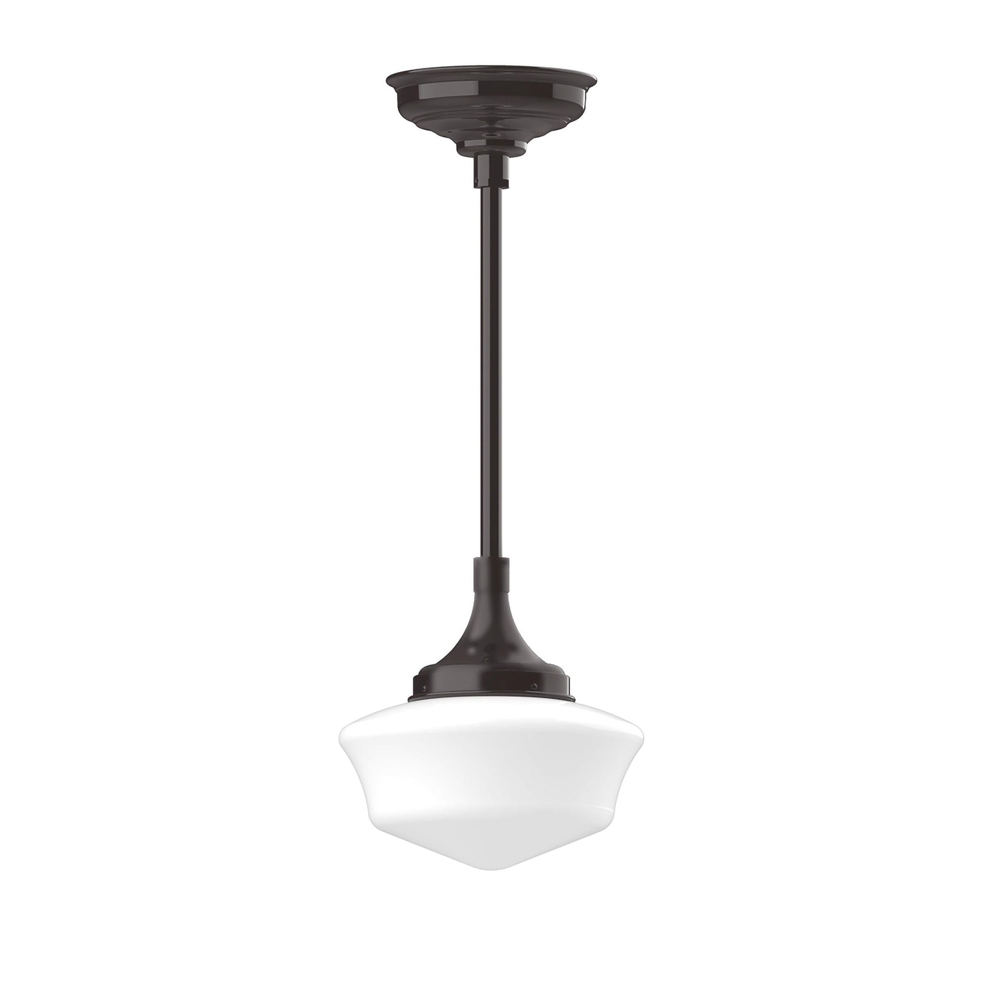 Schoolhouse stem hung pendant light with dark bronze hardware and white glass shade