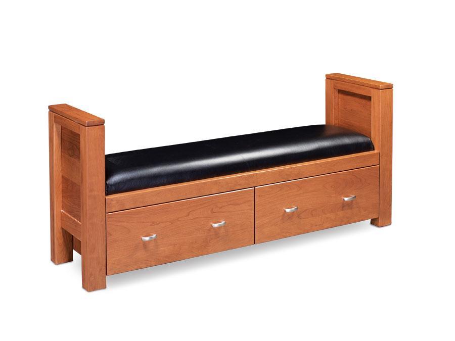 Justine 2-Drawer Santa Fe Bench Bedroom Simply Amish Black Leather Smooth Cherry 
