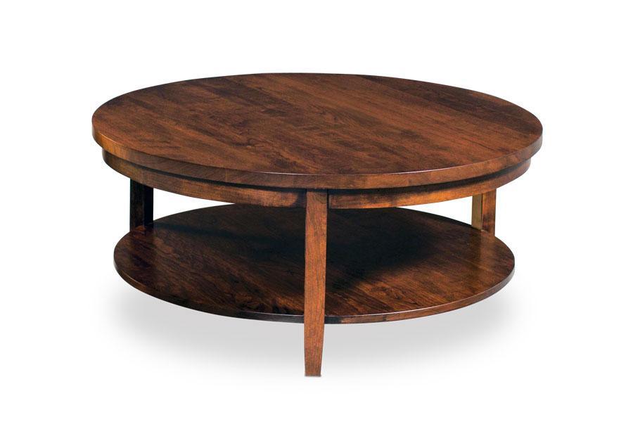 Parkdale Round Coffee Table with Shelf Living Simply Amish 36 inch Smooth Cherry 