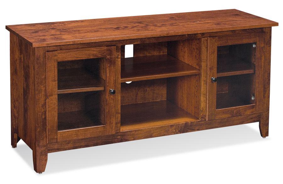 Shenandoah TV Console with Glass Doors and Open Center Living Simply Amish 54 inch Smooth Cherry 