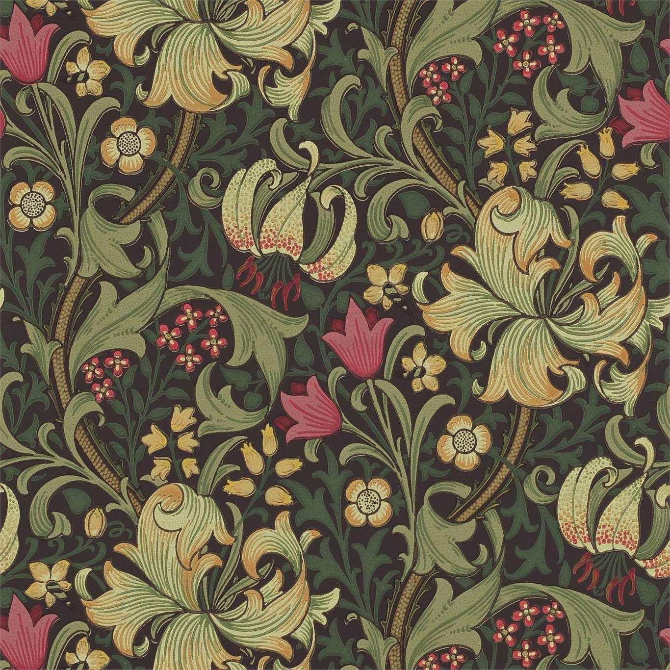 William Morris Golden Lily Wallpaper Decor Zoffany Charcoal/Olive 