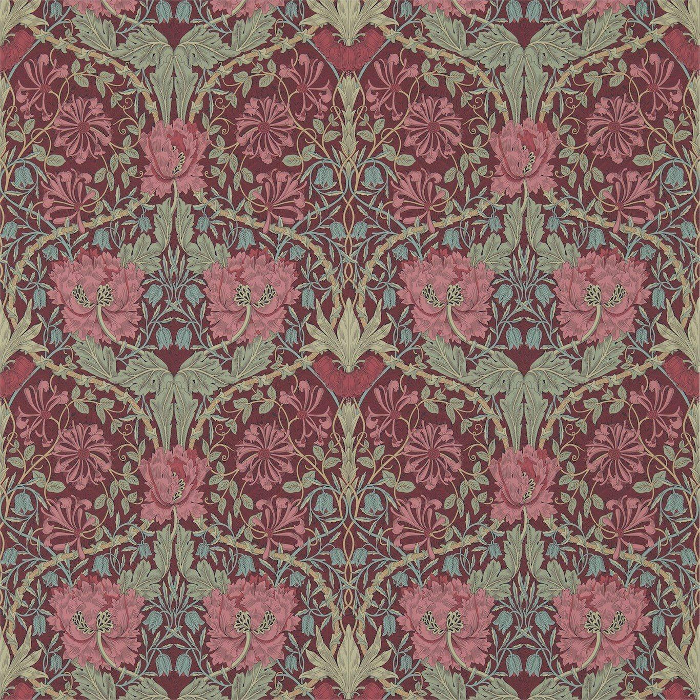 William Morris Honeysuckle and Tulip Wallpaper Decor Zoffany Burgundy/Sage 