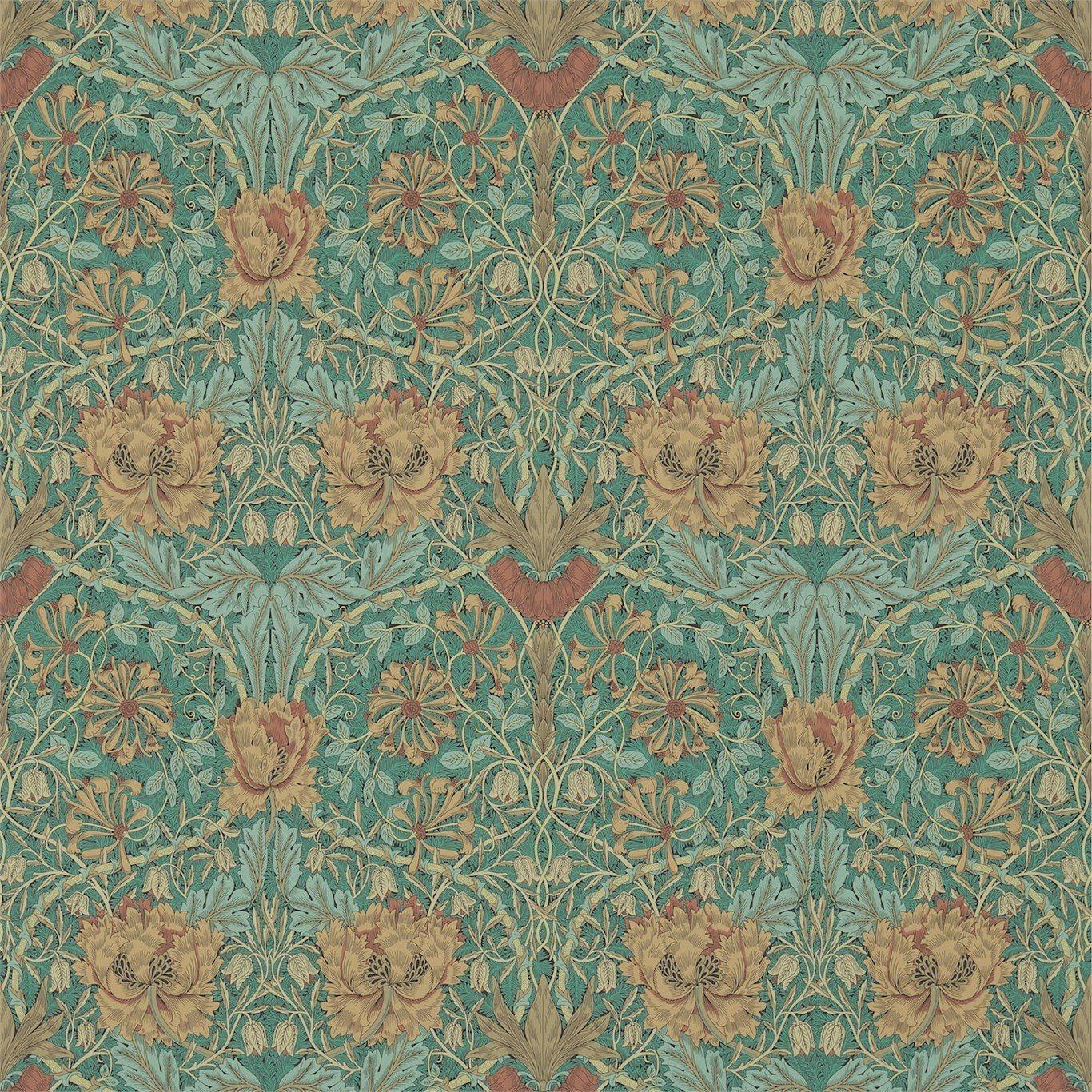 William Morris Honeysuckle and Tulip Wallpaper Decor Zoffany Emerald/Russet 